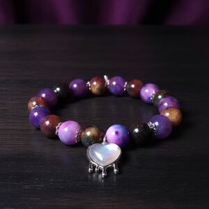 Crystal Purple and Brown Beaded Bracelet with Heart Charm